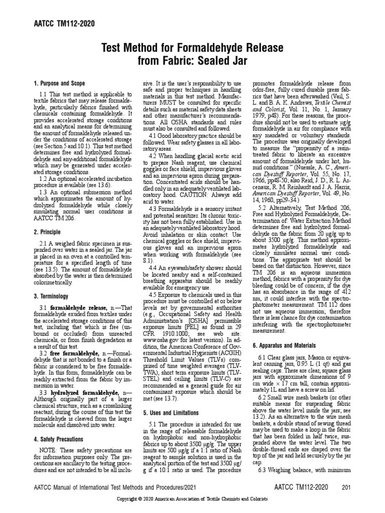 Test Method For Formaldehyde Release From Fabric Sealed Jar PDF
