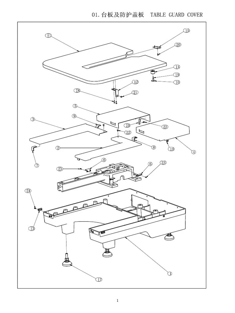 Parts List and Descriptions for a Sewing Machine Table, Rotary Hook