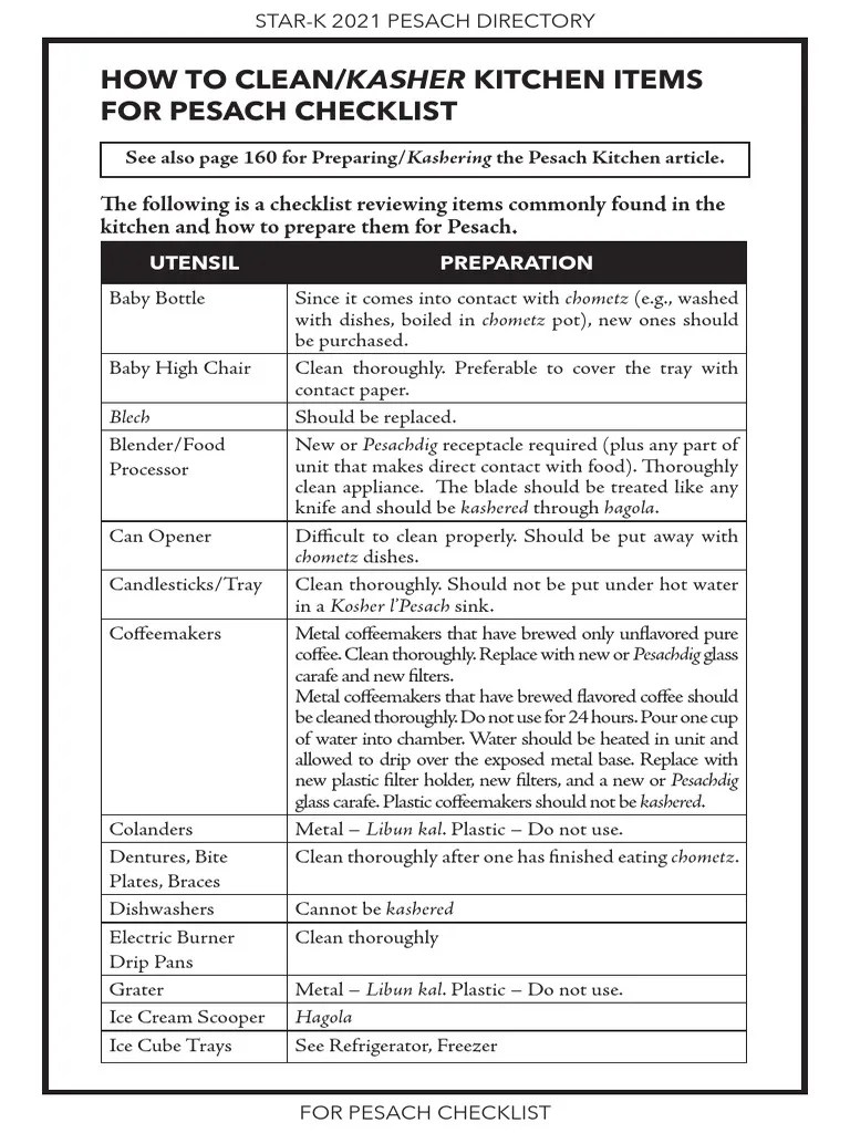 How To Clean/Kasher Kitchen Items For Pesach Checklist PDF Kitchen
