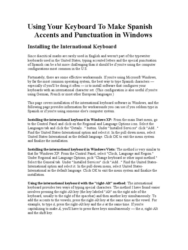 Using Your Keyboard To Make Spanish Accents and Punctuation in WINDOWS