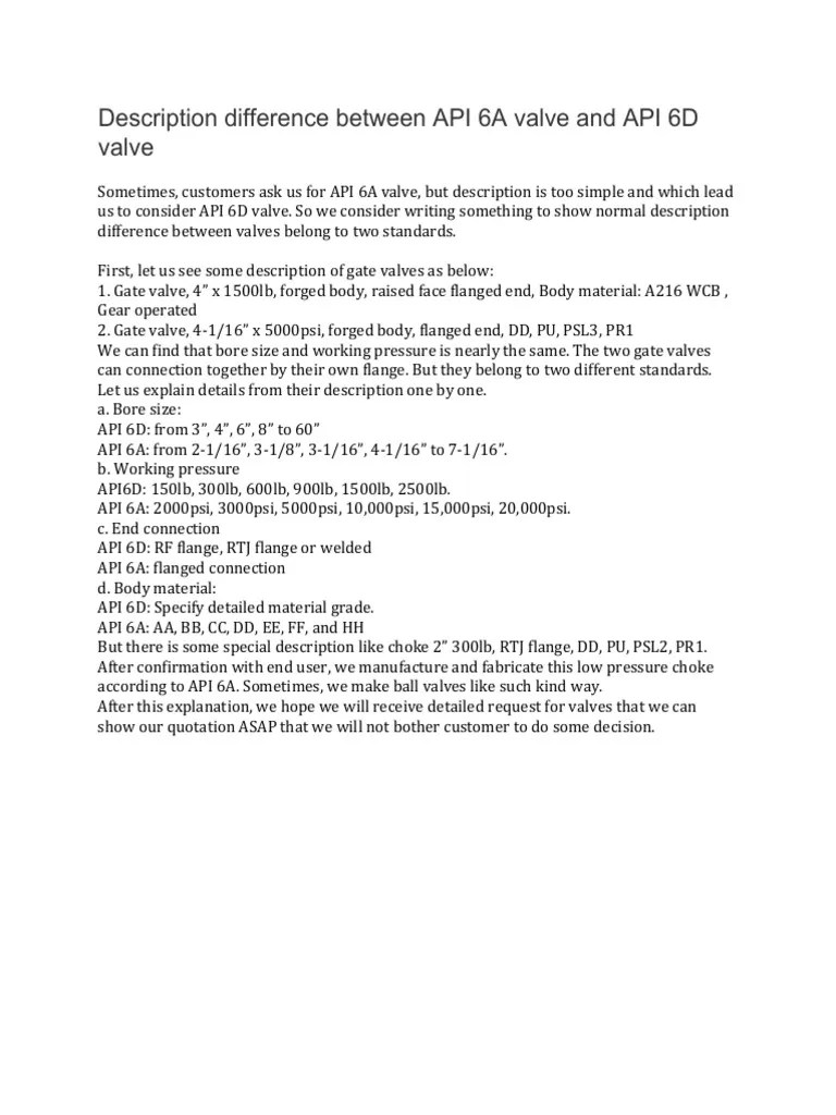 Description Difference Between API 6A Valve and API 6D Valve PDF