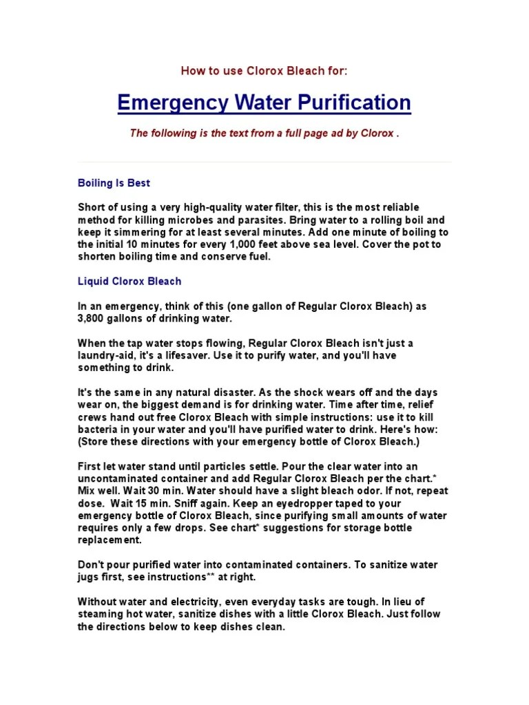 Emergency Water Purification & Clorox Download Free PDF Water Boiling