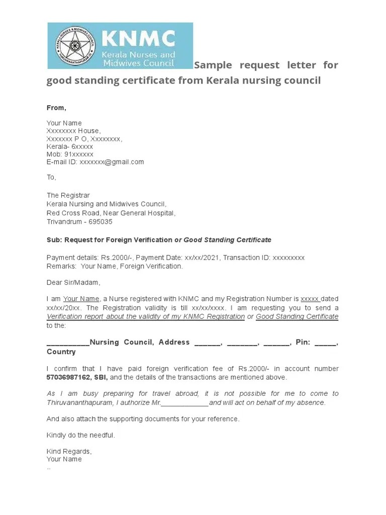 Sample Request Letter For Good Standing Certificate From Kerala Nursing Council PDF PDF
