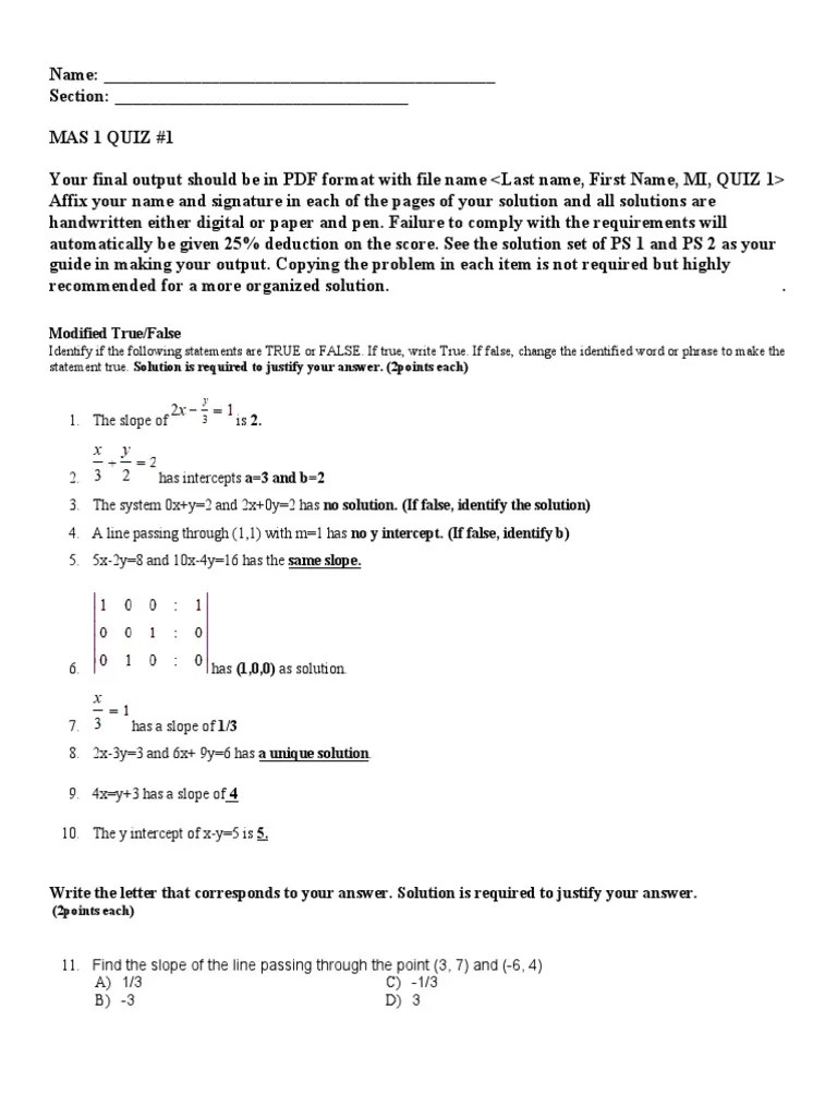MAS 1 QUIZ 1 Solutions and Requirements for a Systems of Linear Equations Quiz PDF