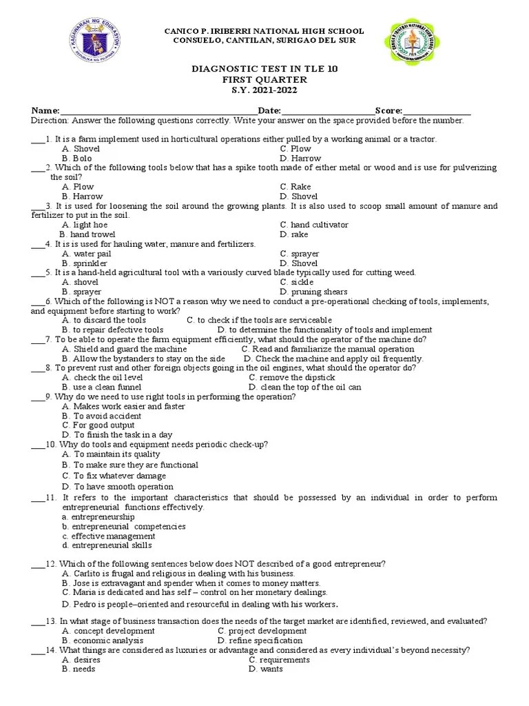 Diagnostic Test TLE 10 PDF Agriculture Entrepreneurship