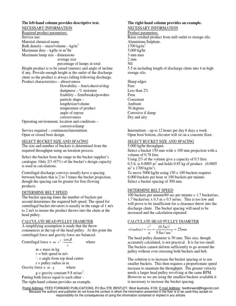 Belt Bucket Elevator DesignEXAMPLE PDF Belt (Mechanical) Volume