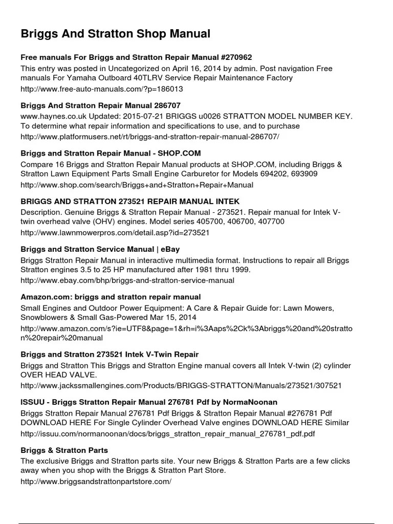 Briggs and Stratton Shop Manual | PDF | Car | Automotive Industry