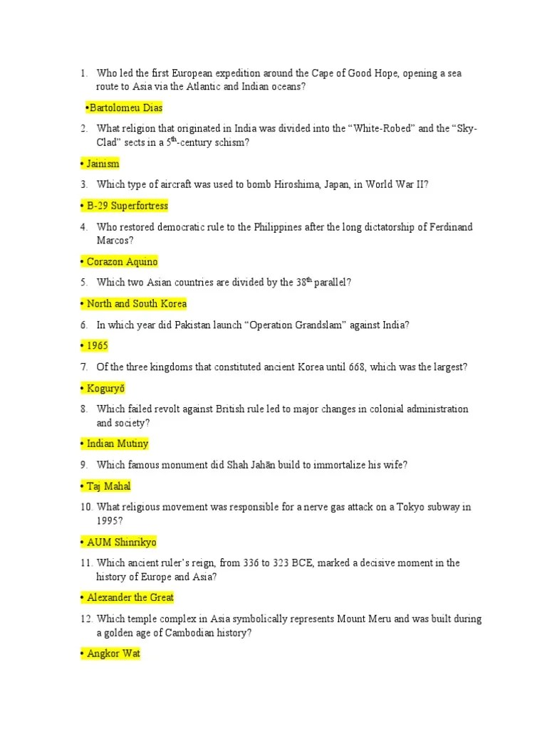 Asian History Questions and Answers PDF Asia China