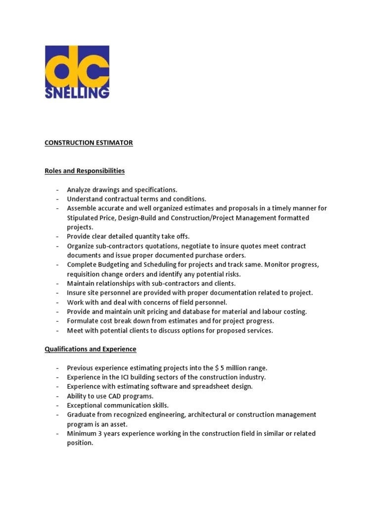 Construction Estimator Job Description PDF
