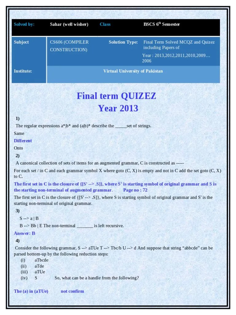 Cs606 Final Term Quizez and MCQZ Solved With Refer | PDF | Parsing