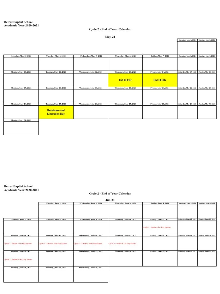 Cycle 2 Calendar EOY | PDF | Academic Term