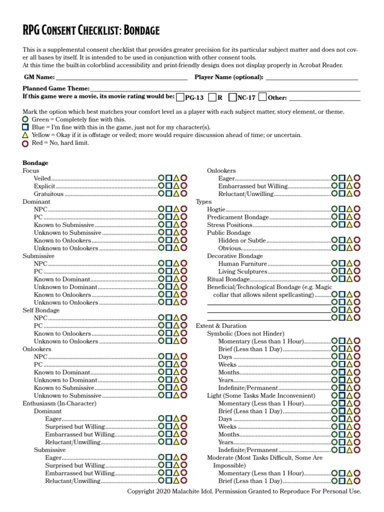 RPG Consent Checklist Bondage PDF Dominance And Submission