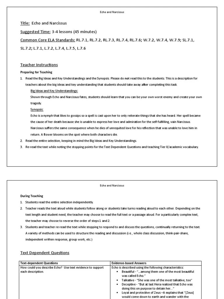 Echo and Narcissus. Lesson Story PDF Hera