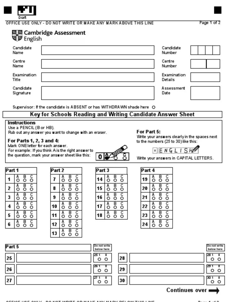 KET Reading and Writing Answer Sheet PDF