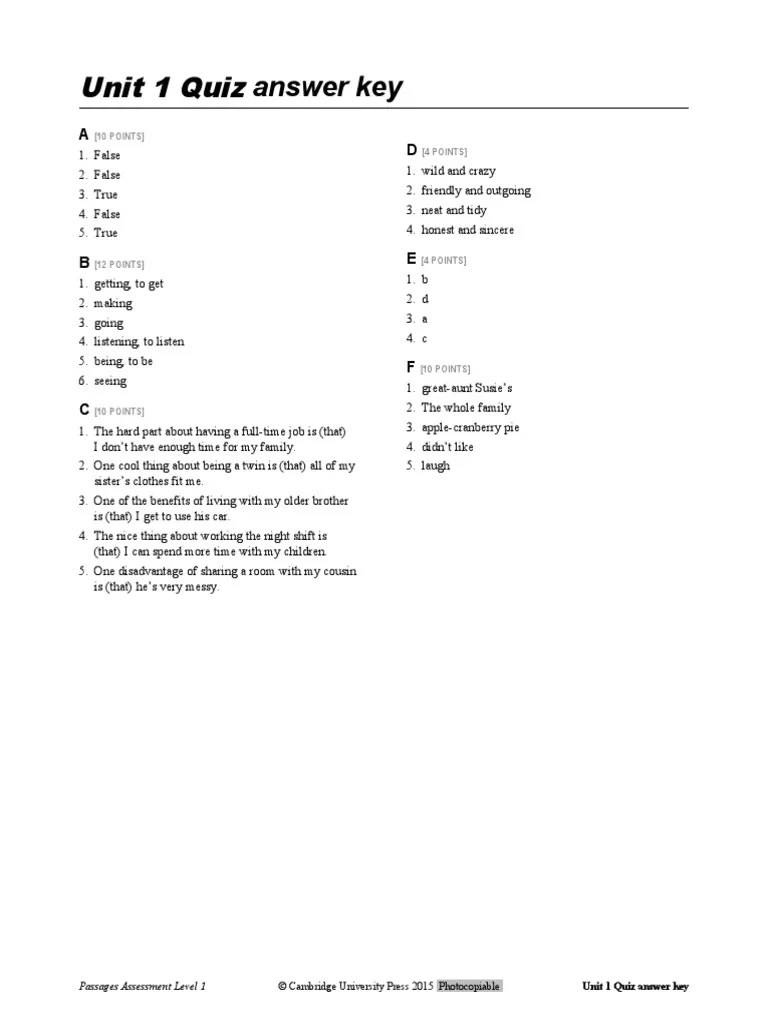 Unit 1 Quiz: Answer Key | PDF
