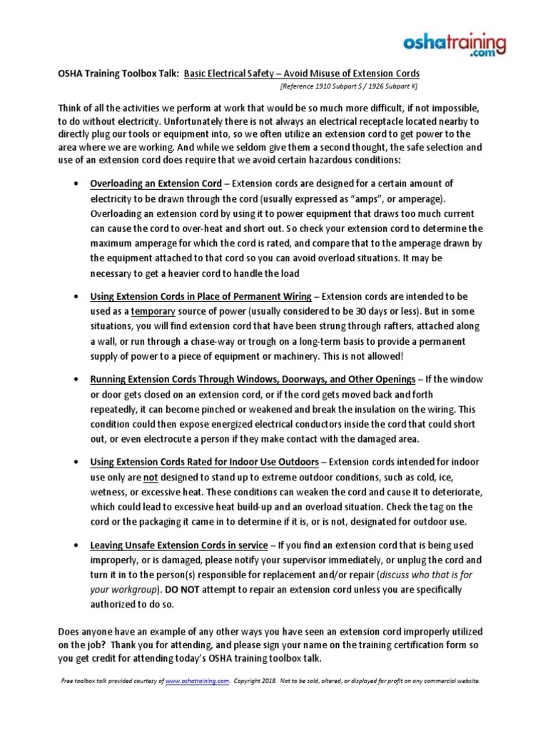 OSHA Training Toolbox Talk Basic Electrical Safety Extension Cord