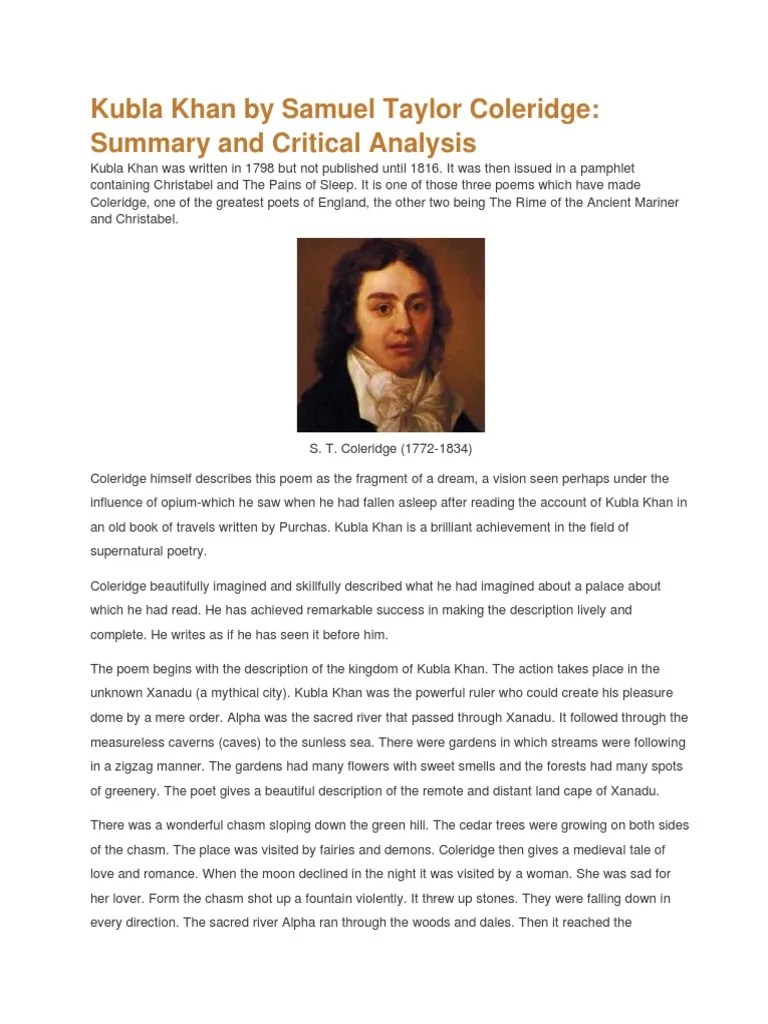 Kubla Khan by Samuel Taylor Coleridge Summary and Critical Analysis PDF