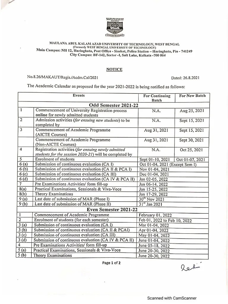 Makaut AcademicCalendar202122 PDF