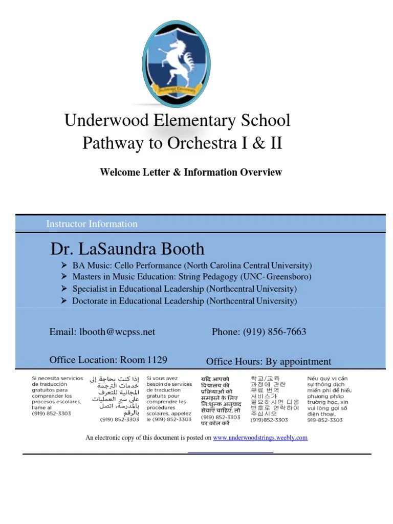 Underwood Elementary School Pathway To Orchestra I & II Letter