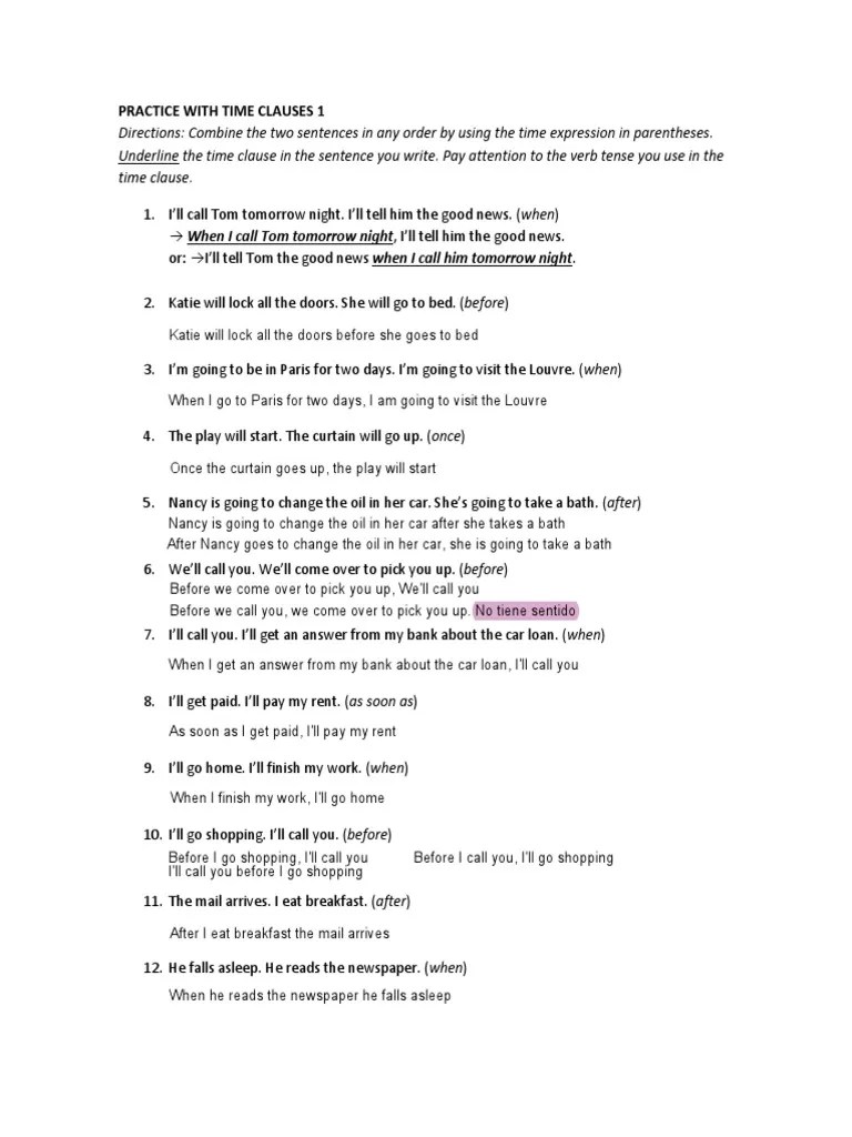 Time Clauses Exercises Sheet PDF Syntax Grammar