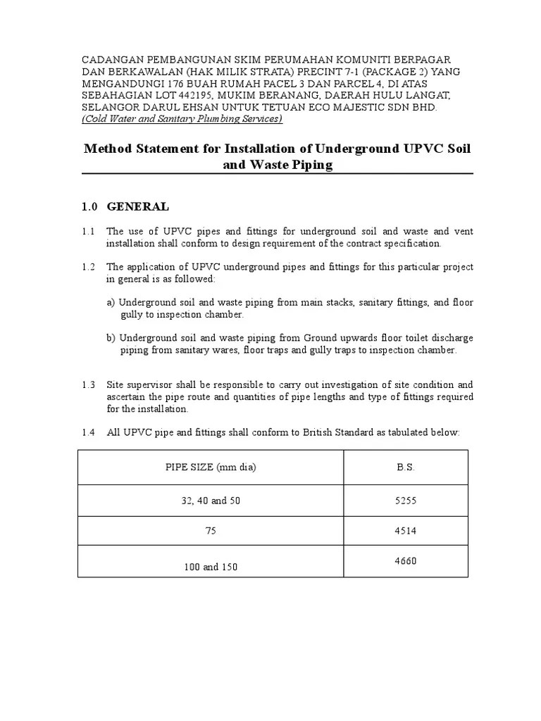 Method Statement For Installation of Underground UPVC Soil and Waste