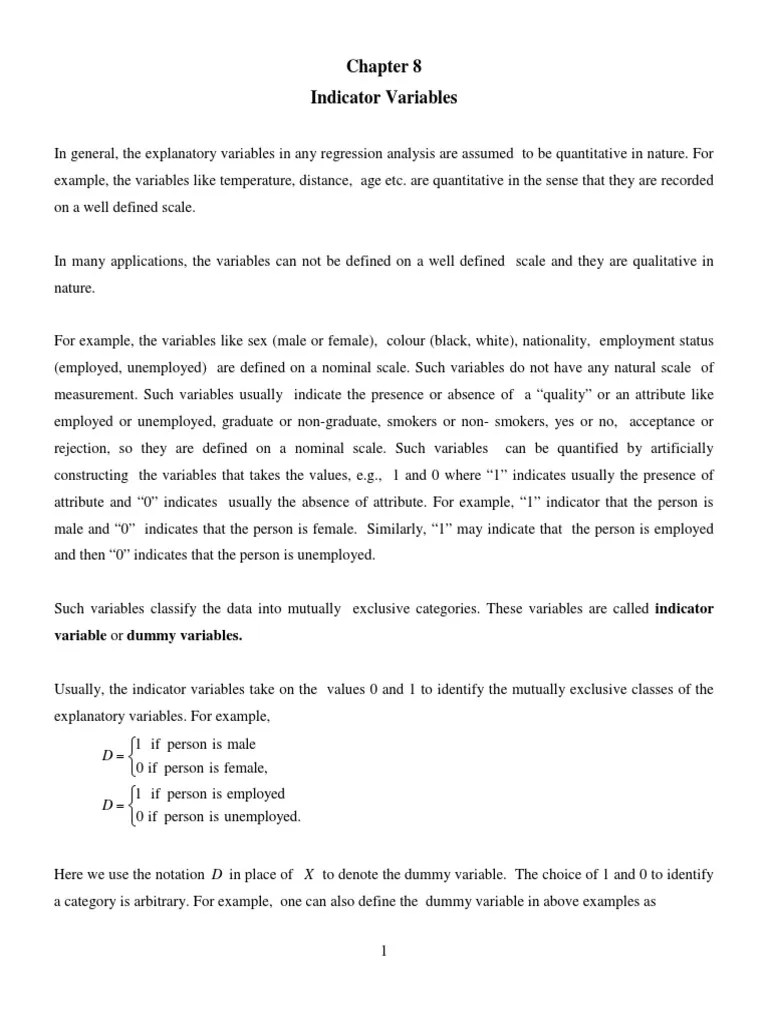 Indicator Variables Variable or Dummy Variables PDF Dummy Variable