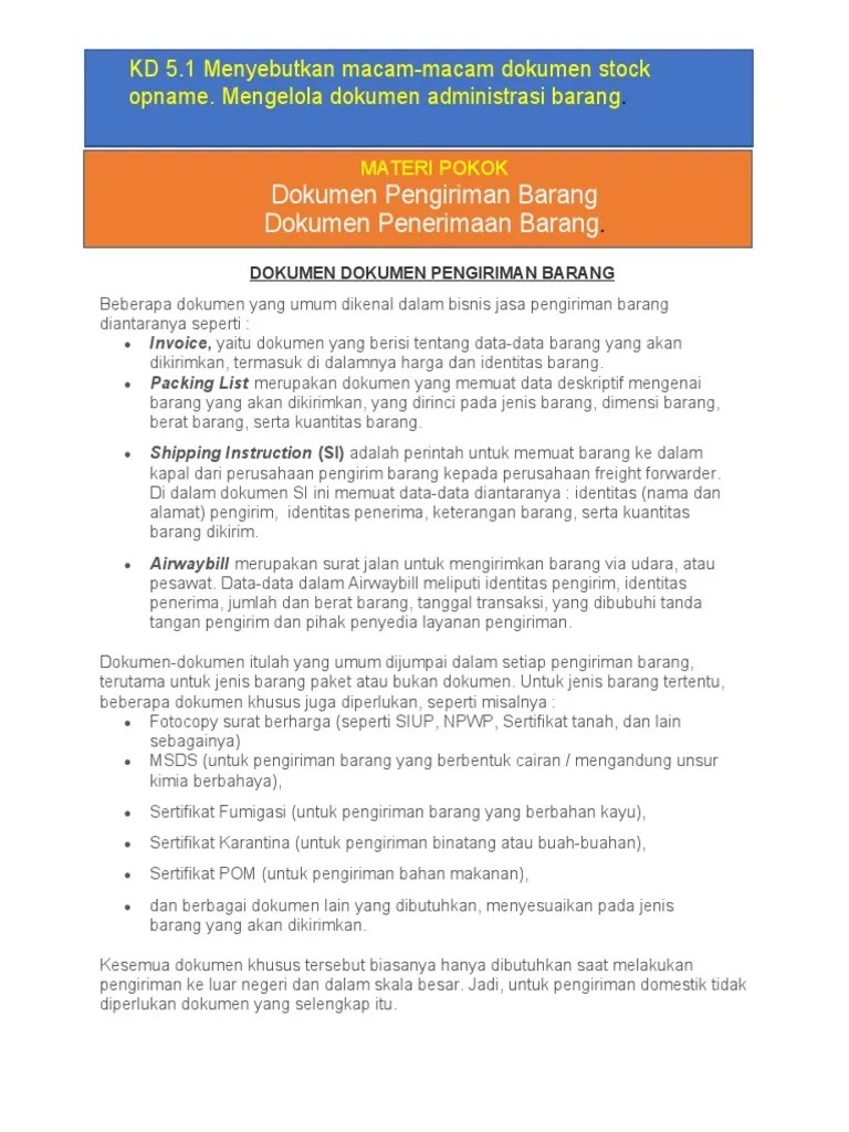 DOKUMEN DOKUMEN PENGIRIMAN Dan PENERIMAAN BARANG | PDF