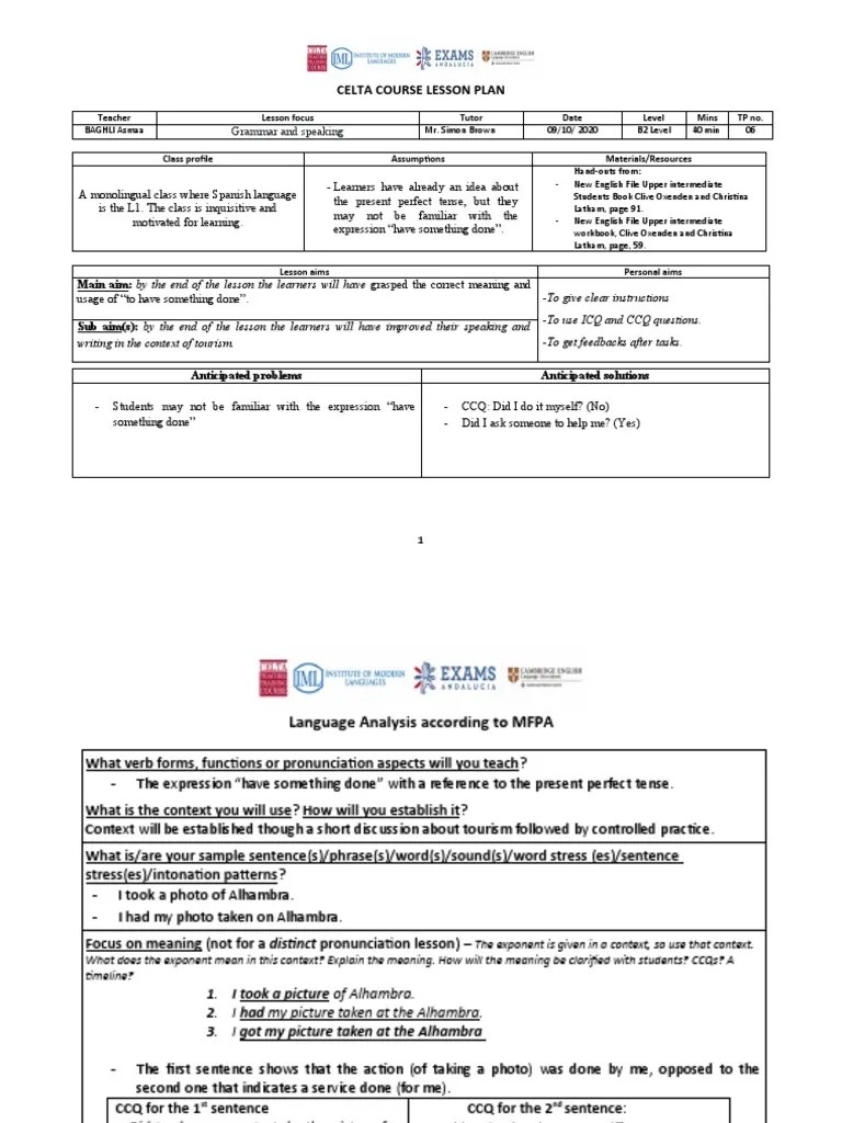 Celta Course Lesson Plan Grammar and Speaking PDF Verb Language Mechanics