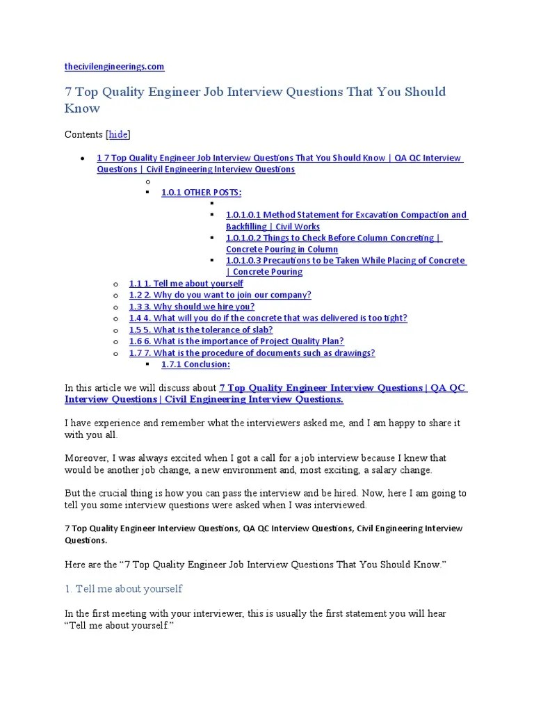 Top Quality Engineer Job Interview Questions That You Should Know PDF