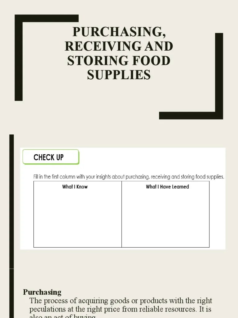 Week 1 Purchasing, Receiving and Storing Food Supplies 10 PDF Foods