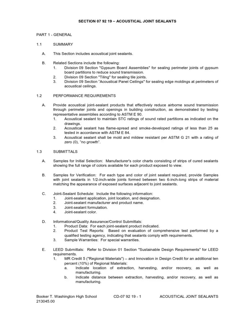 Spec 079219 Acoustical Joint Sealants PDF Building Engineering Materials