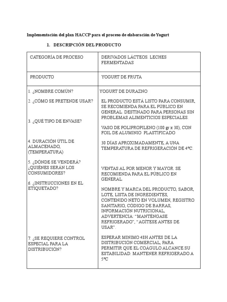HACCP para El Yogurt PDF Yogur Análisis de Riesgo y Puntos