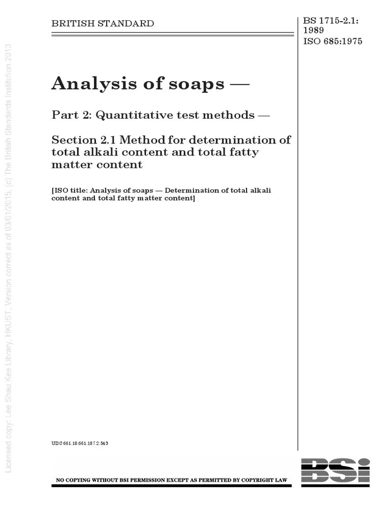 (BS 17152.1 1989) Analysis of Soaps. Quantitative Test Methods