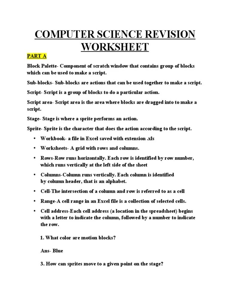 Computer Science Revision Worksheet | PDF | Microsoft Excel | Spreadsheet