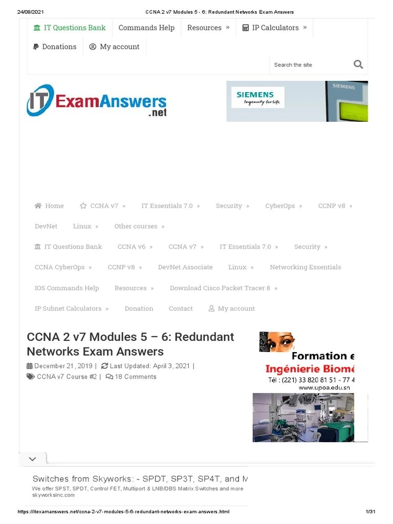 CCNA 2 v7 Modules 5 - 6 - Redundant Networks Exam Answers | PDF