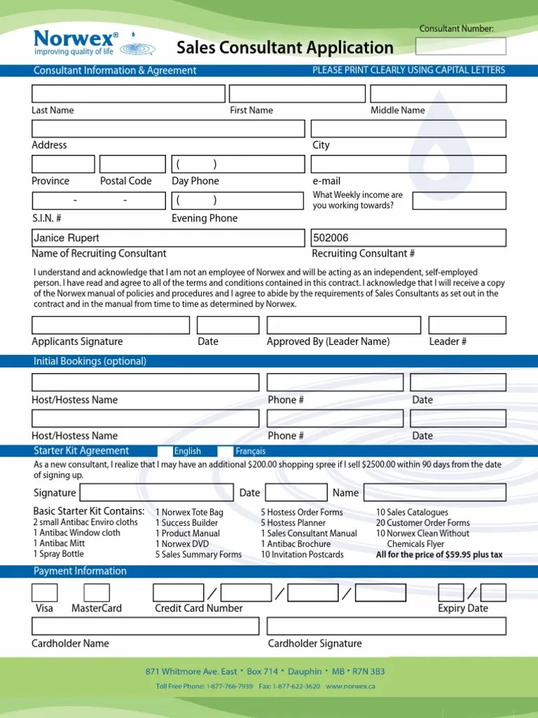 Norwex Consultant Application Form Canada Credit Card Government