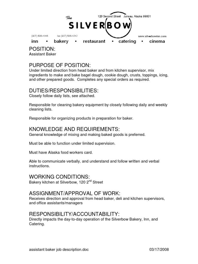 Assistant Baker Job Description PDF Dough Baking