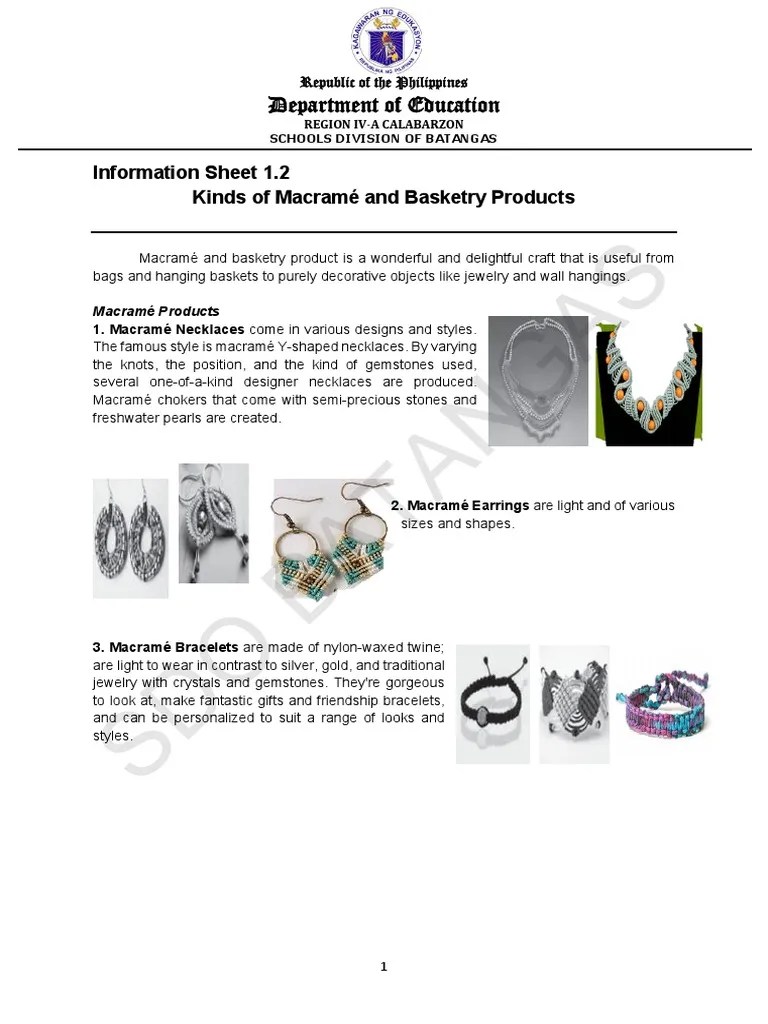 Information Sheet 1.2 LO2 MACRAME AND BASKETRY PDF Basket Weaving