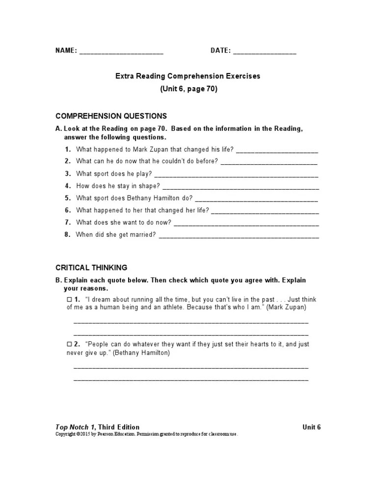 Extra Reading Comprehension (Unit 6, Page 70) Exercises Top Notch 1
