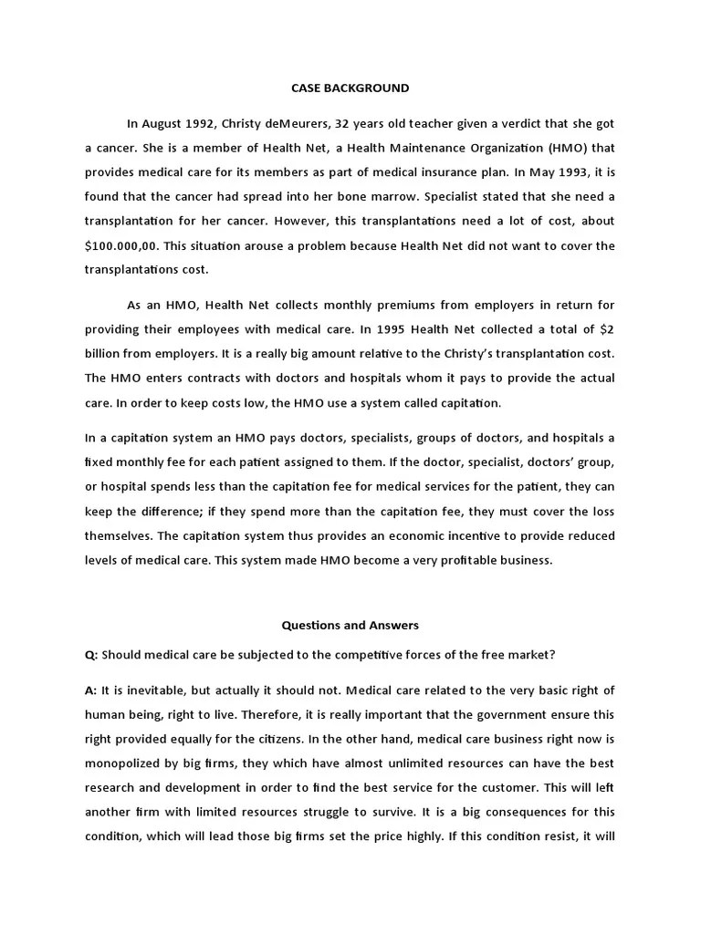 Case Background PDF Health Maintenance Organization Economies