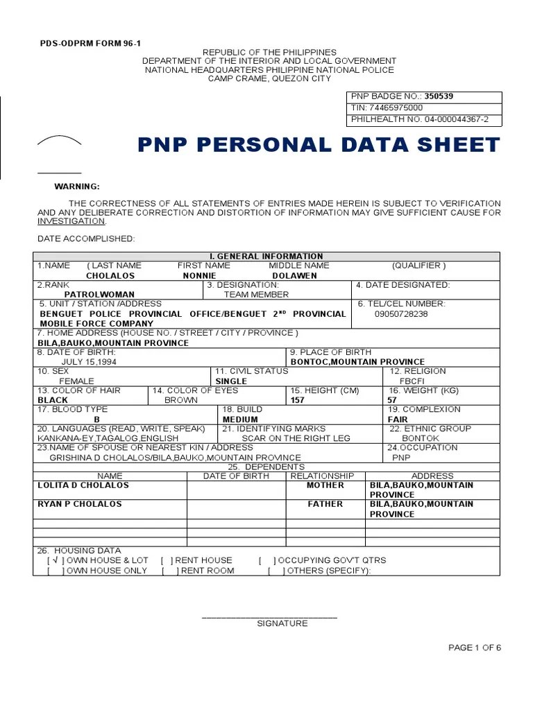 PNP Personal Data Sheet | PDF