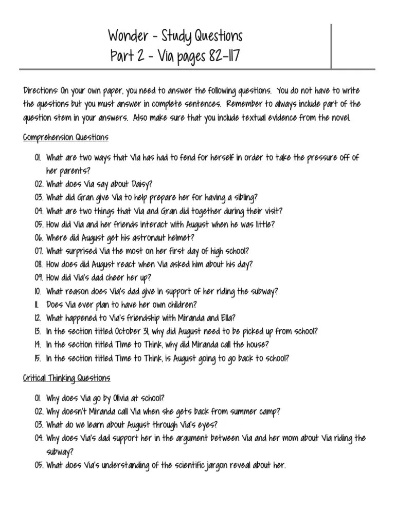 Wonder Part 2 Study Questions PDF