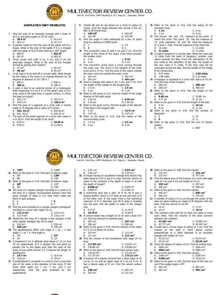 Multivector Review Center Co. Supplementary Problems PDF Circle Area