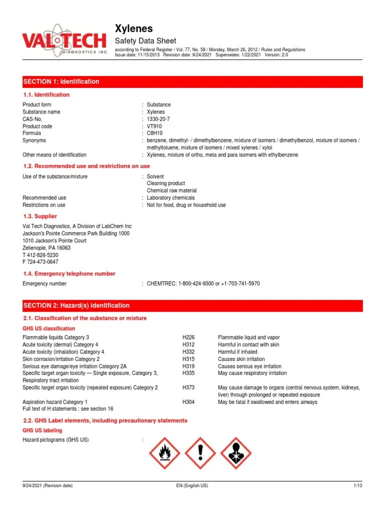 Xylenes Safety Data Sheet PDF Toxicity Dangerous Goods