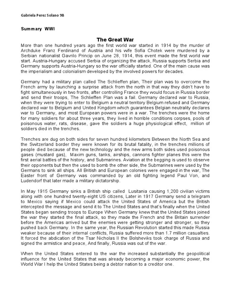 The Great War Summary WWI PDF World War I Military