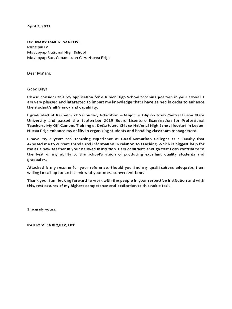 Application Letter JHS PDF