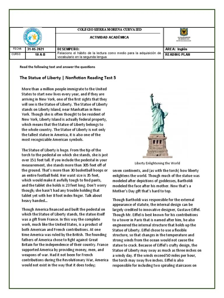 The Statue of Liberty Nonfiction Reading Test 5 Read The Following