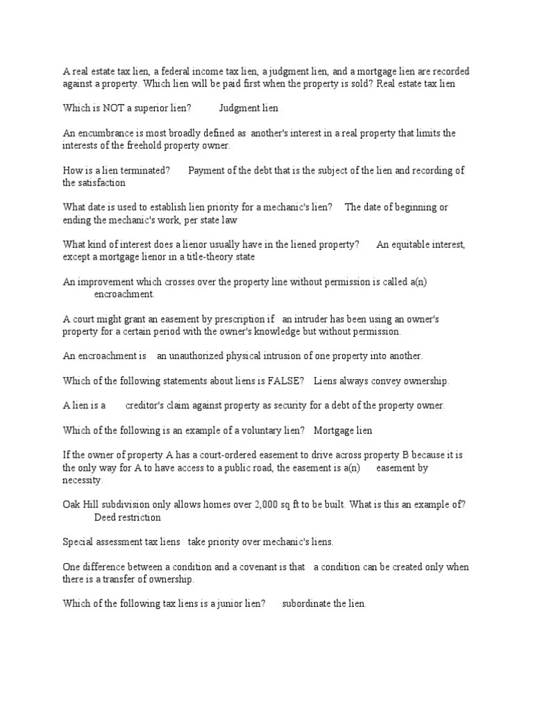 Real estate tax lien priority order and types of liens PDF Easement