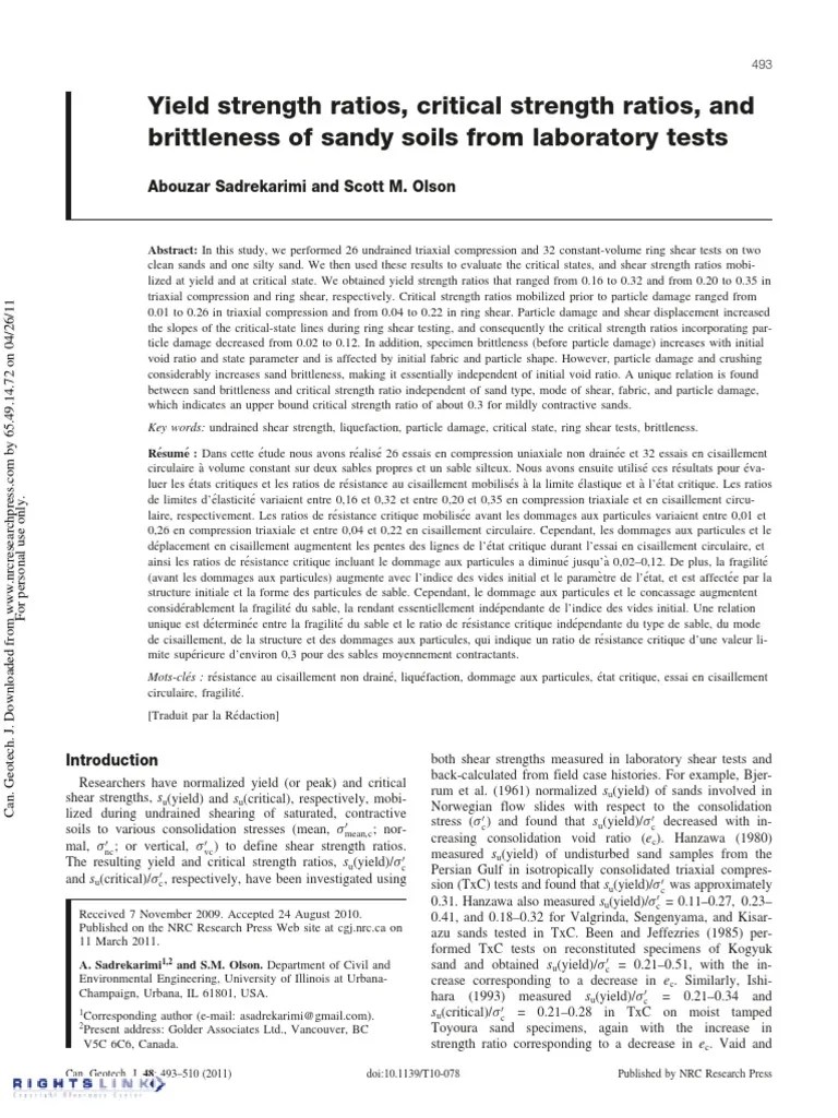 Yield Strength Ratios Critical Strength Ratios and Brittleness of Sandy