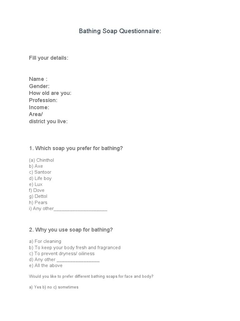 Bathing Soap Questionnaire Fill Your Details PDF